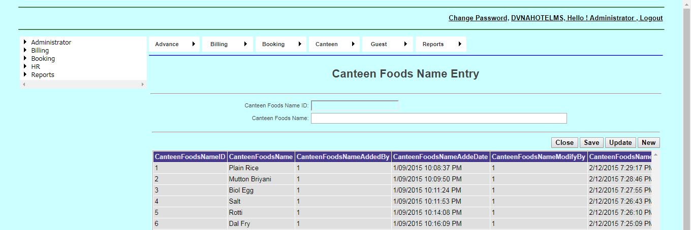 DVNAPMS Canteen Foods Name Entry Page