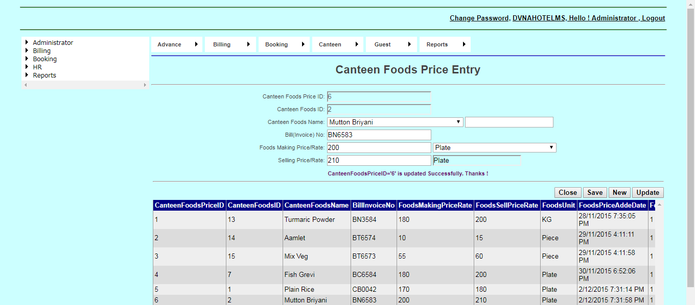 DVNAPMS Canteen Foods Price Page