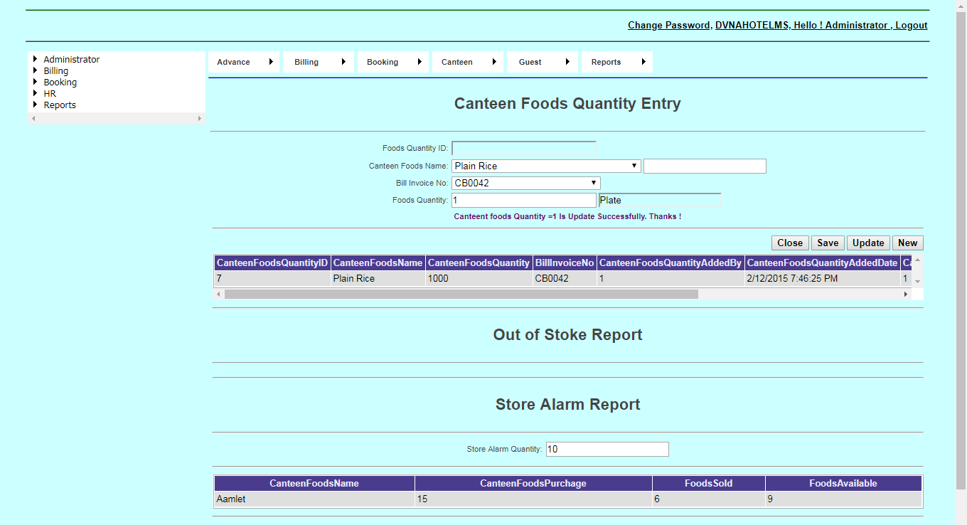 DVNAPMS Canteen Foods Quantity Entry Page