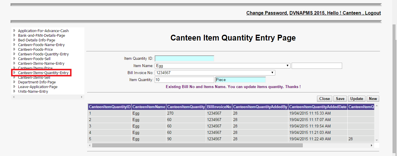 DVNAPMS Canteen Items Quantity Entry