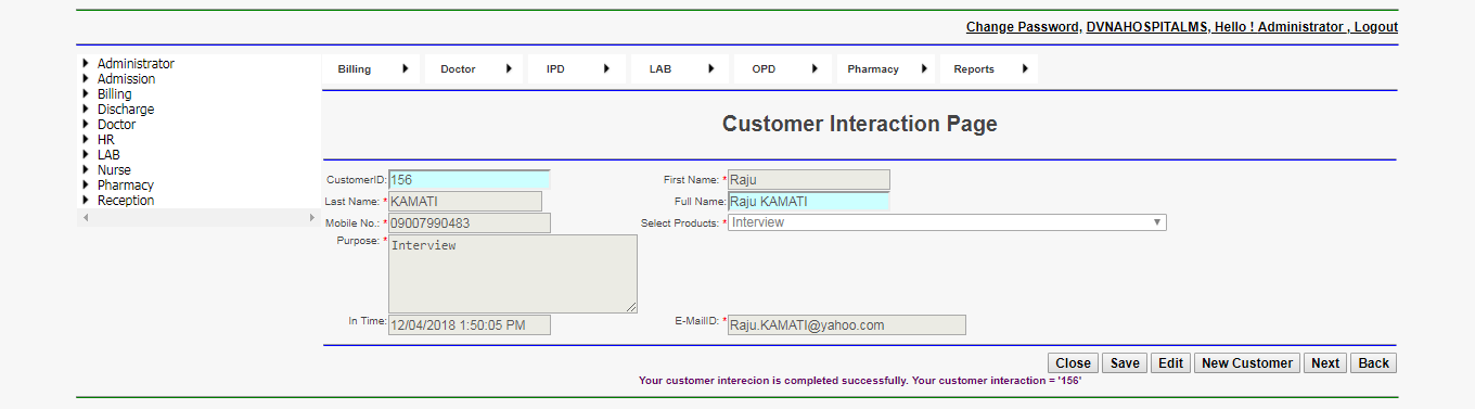 DVNAPMS Customer Interaction Page