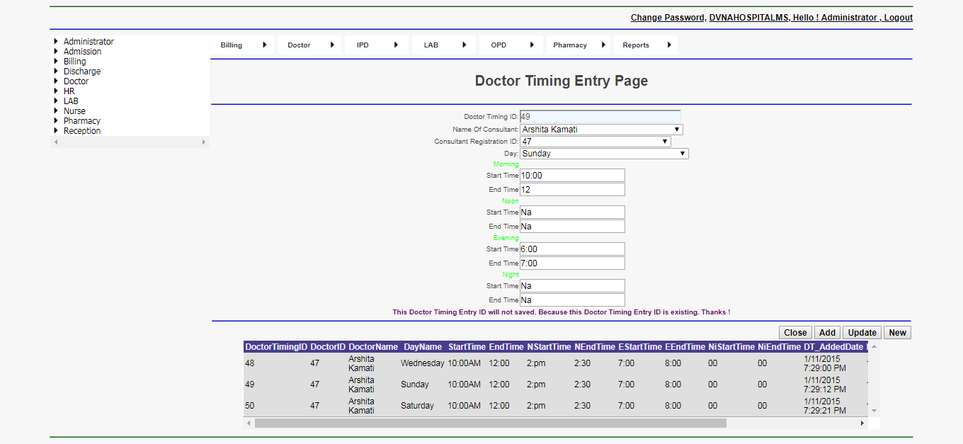 DVNAPMS Doctor Timing Page