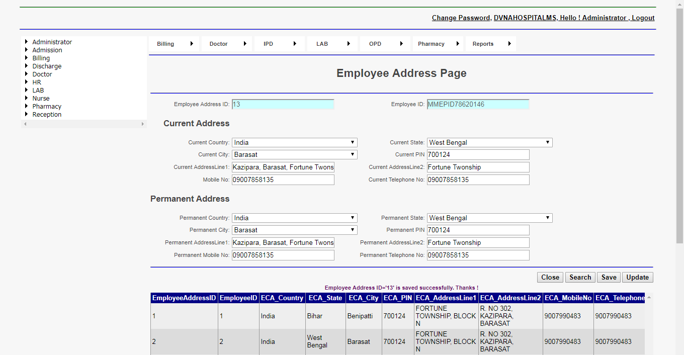 DVNAPMS Employee Address Page
