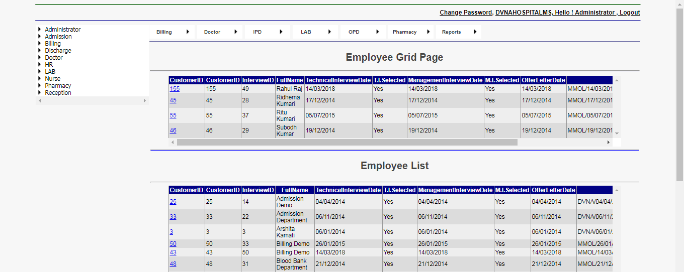 DVNAPMS Employee Grid Page