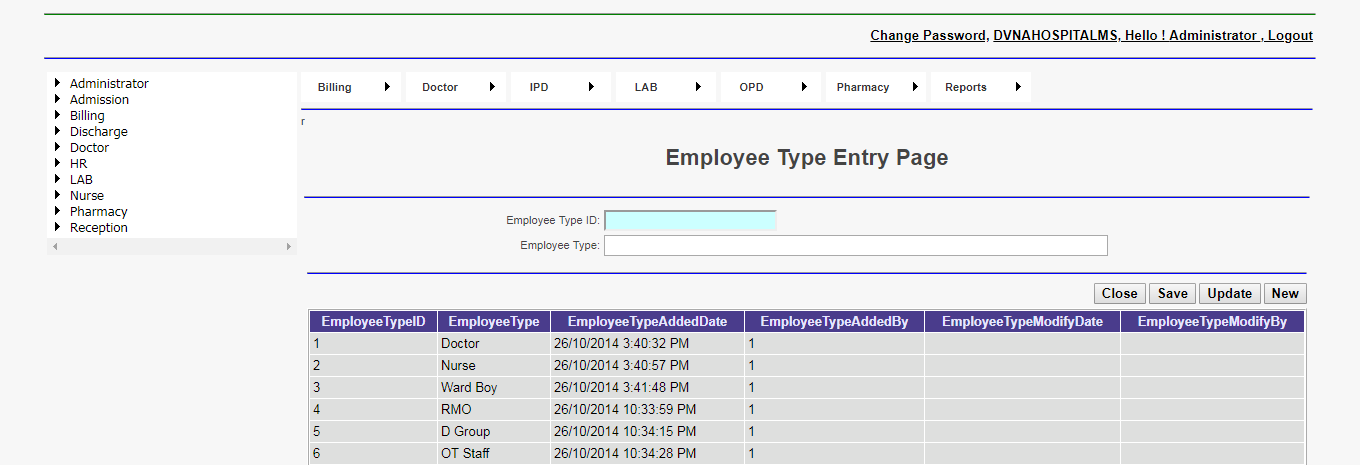 DVNAPMS Employee Type Entry Page