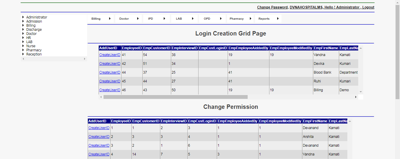 DVNAPMS Login Creation Grid Page