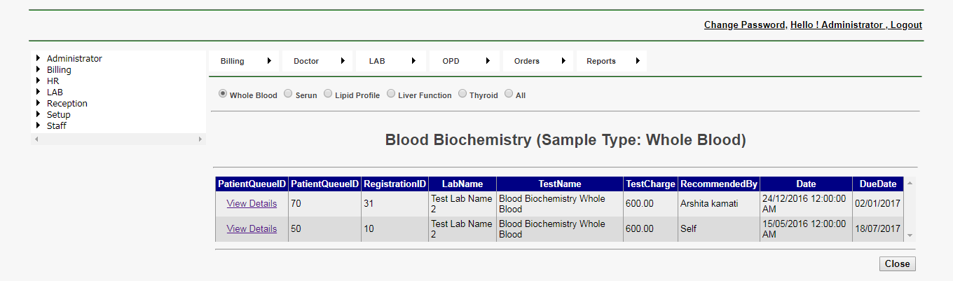 DVNAPMS Blood Biochemistry Whole Blood Grid Page