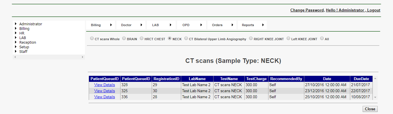 DVNAPMS CT scans NECK Test Grid Page