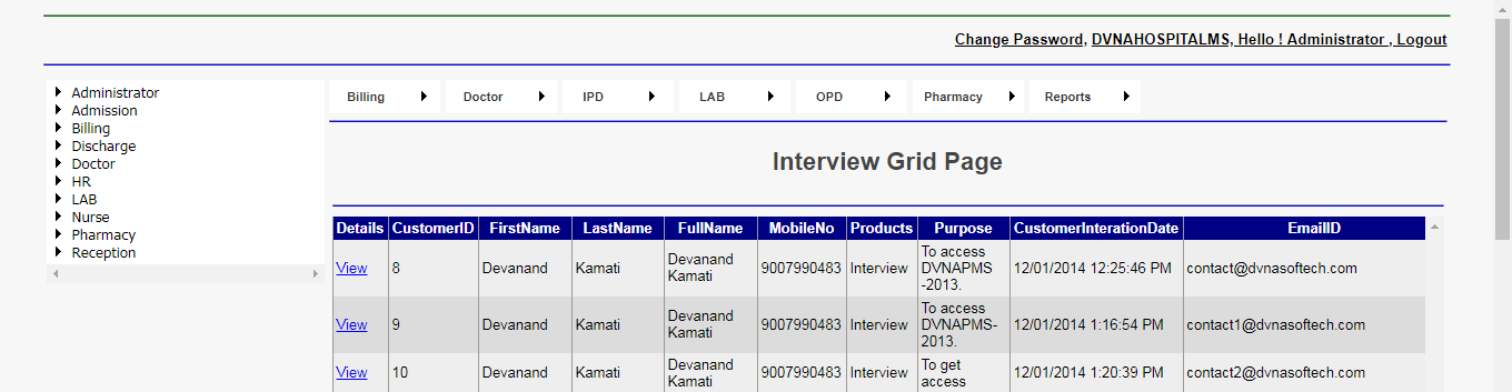 DVNAPMS Interview Grid Page