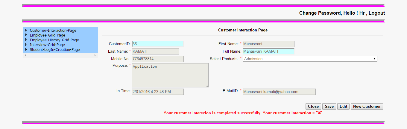 Customer Interaction Page
