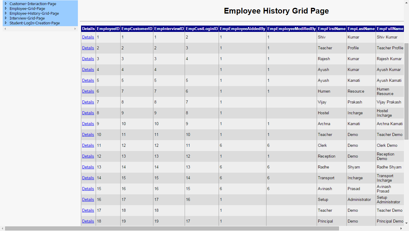 Employee History Grid page