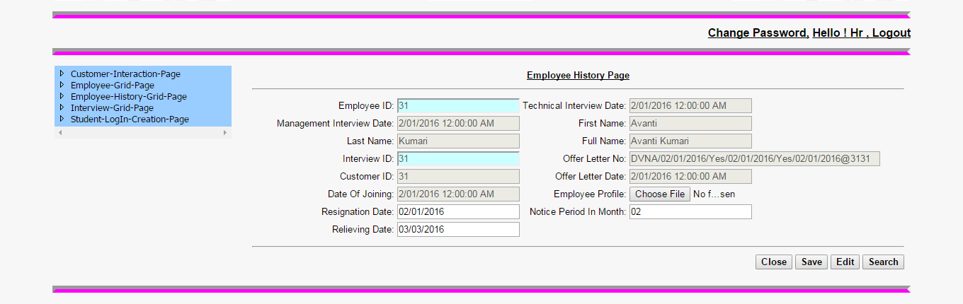 Employee History Page