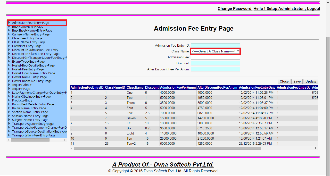 School Management System Software | Admission Fee Entry Page