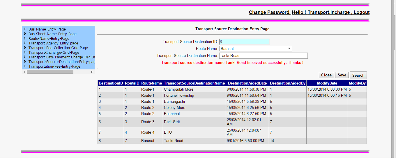 Transport Source Destination Entry Page