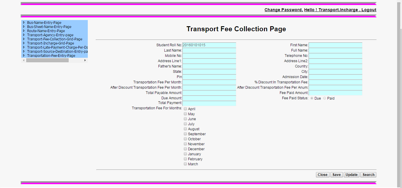 Transport Fee Collection Grid Page