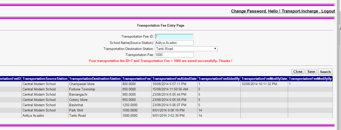 Transportation Fee Entry Page