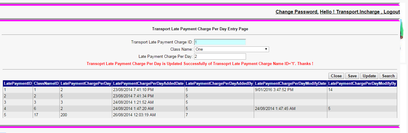 Transport Late Payment Charge Per Day Entry Page