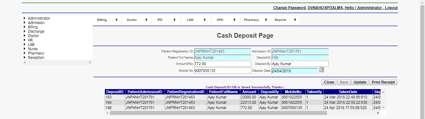 DVNAPMS 2016 Cash Deposit Page