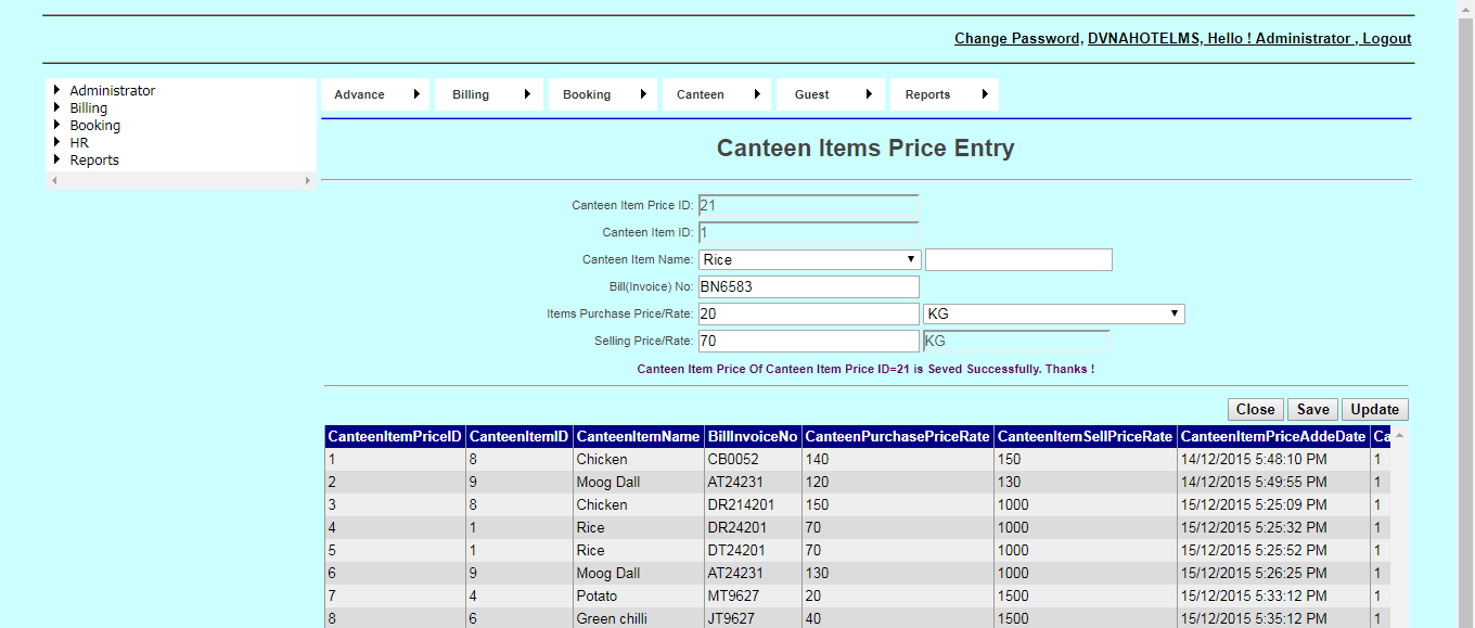 DVNAPMS Canteen Foods Quantity Entry Page