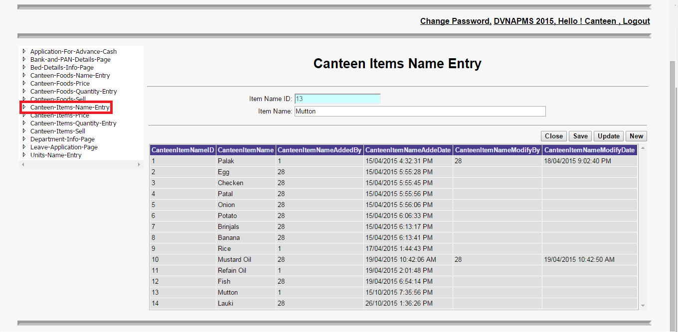 DVNAPMS Canteen Items Name Entry