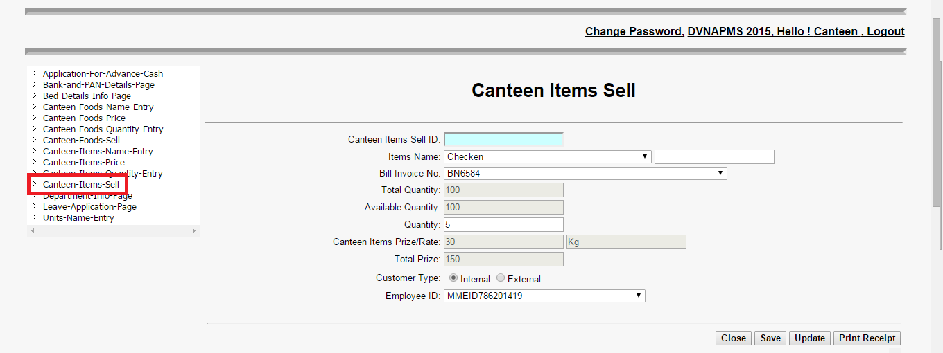 DVNAPMS Canteen Items Sell Page