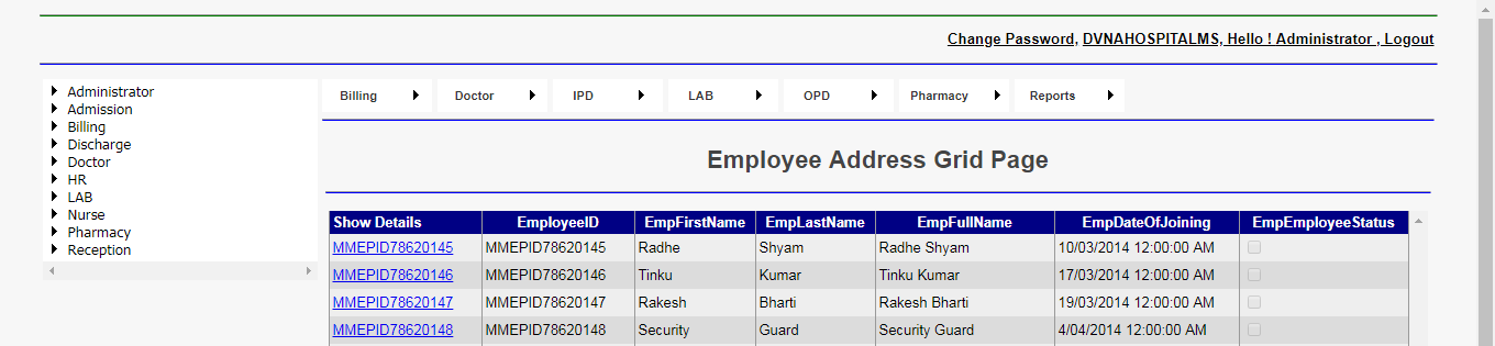 DVNAPMS Employee Address Grid Page