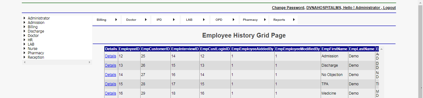 DVNAPMS Employee History Grid Page