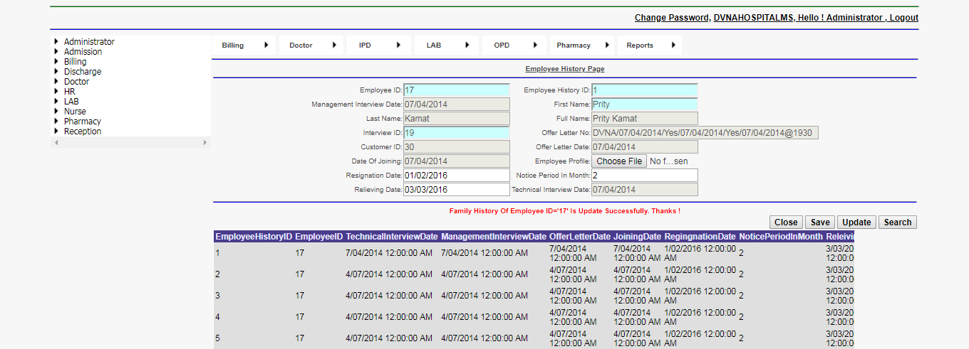 DVNAPMS Employee History Page