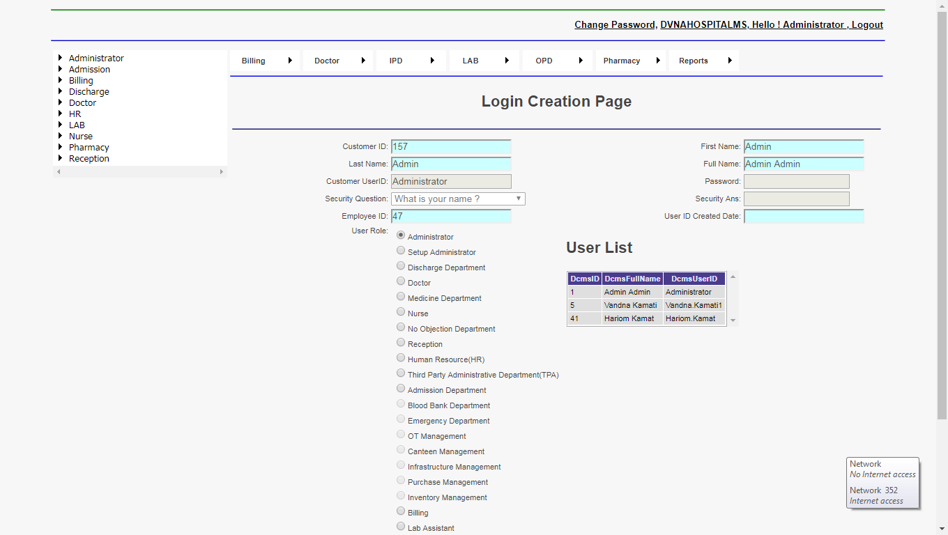 DVNAPMS Login Creation Page