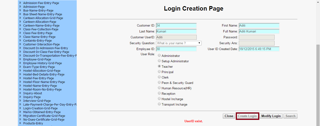 DVNASMS Login Creation Grid Page