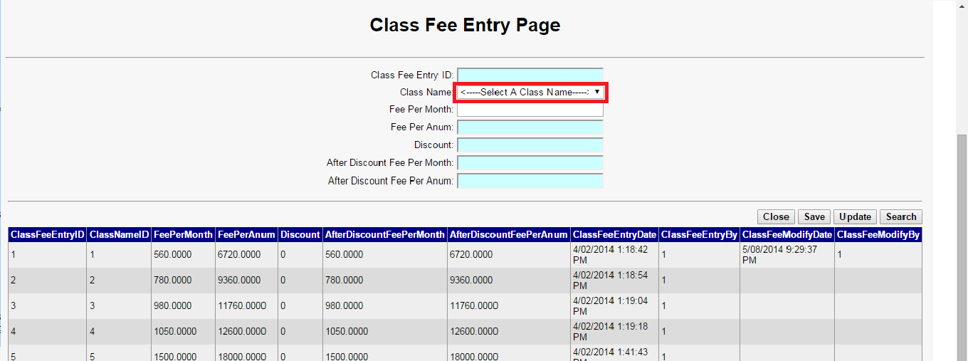 School Management System Software | Class Fee Entry Page