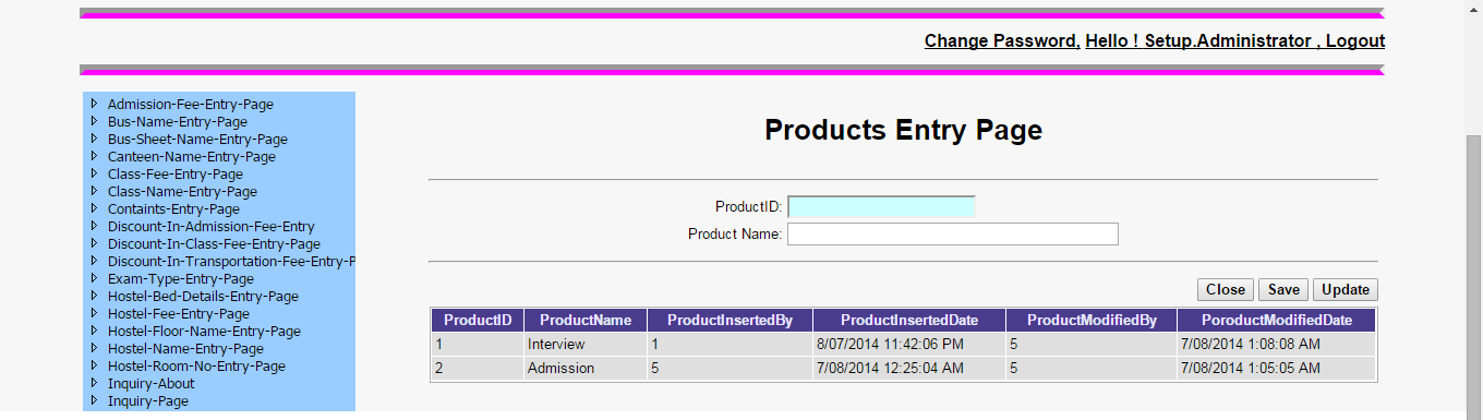 School Management System Software | Products Entry Page