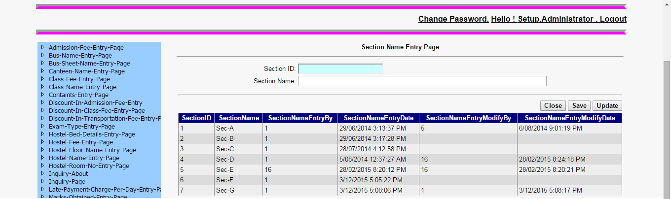 School Management System Software | Section Name Entry