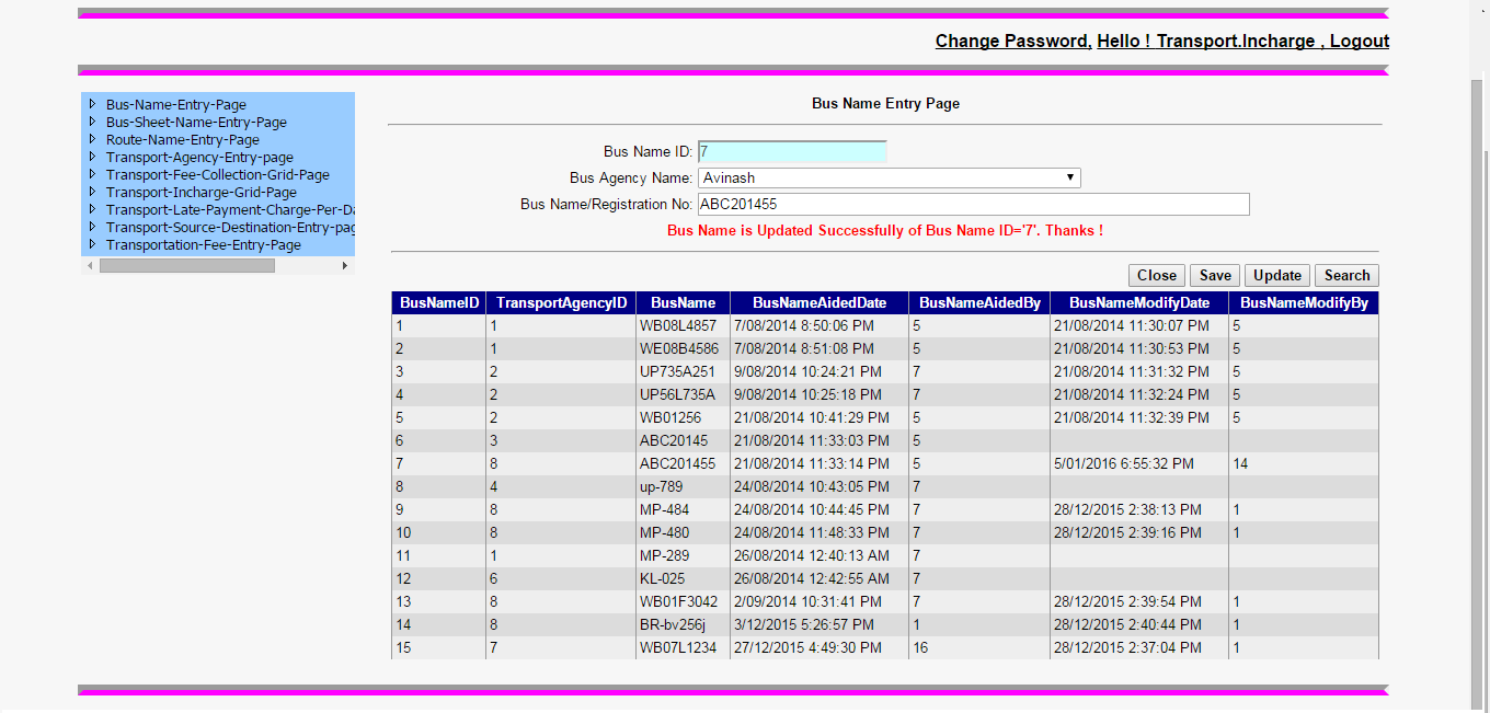 Bus Name Entry Page