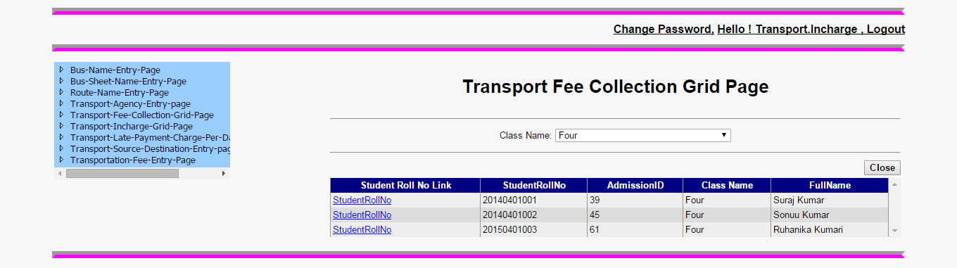 Transport Fee Collection Grid Page